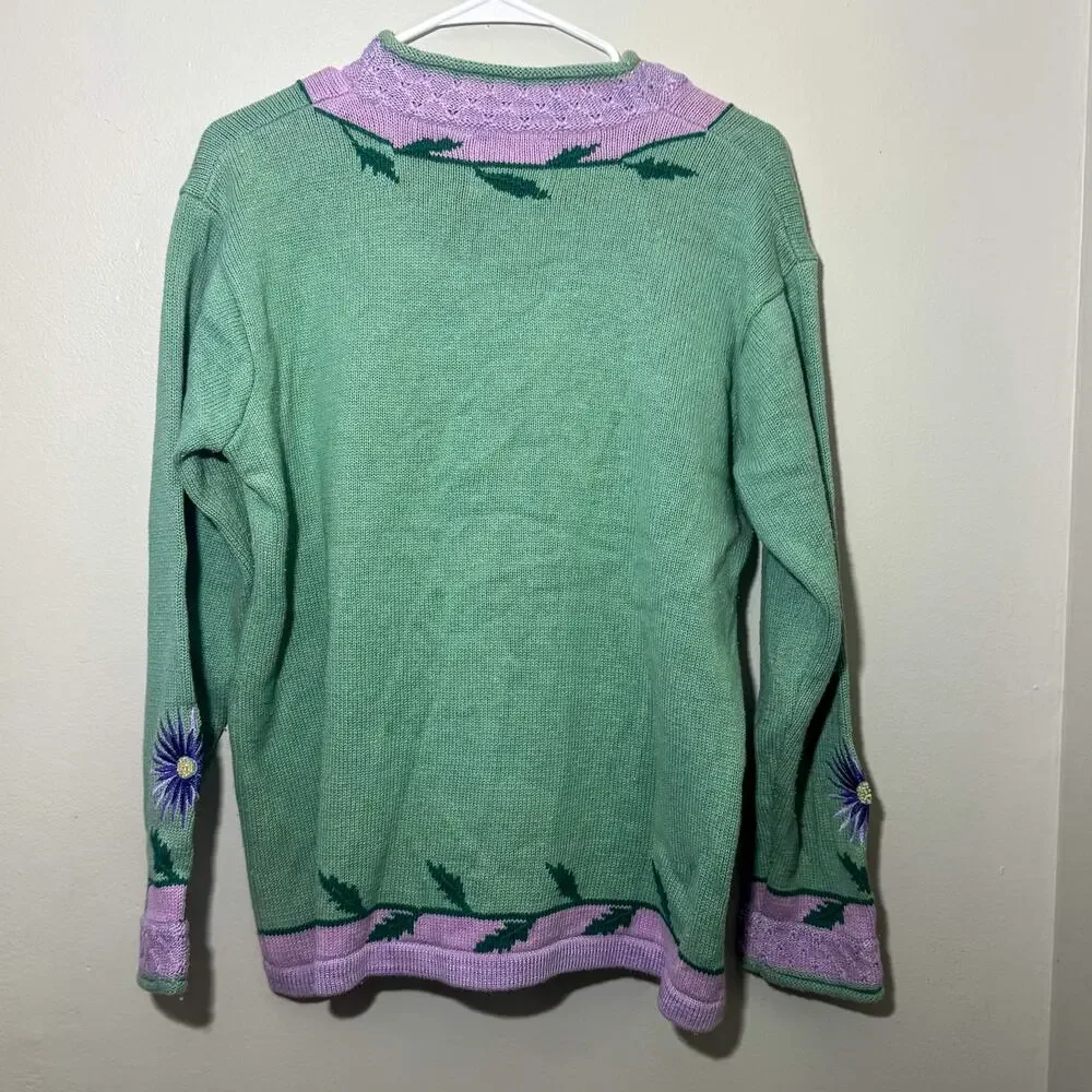 Vtg Storybook Knits Pastel Flower Cardigan Purple Green Cottagecore Large 90s - Picture 2 of 7